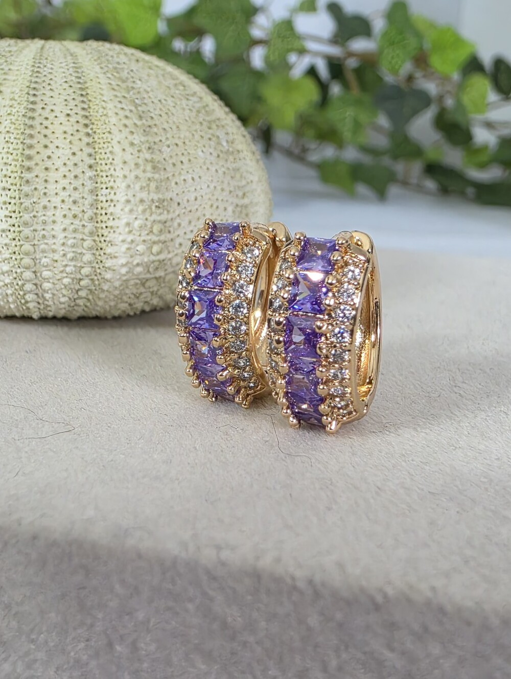 Gold Filled Purple CZ Huggie Hoop Earrings Lavender Crystal Wide Chunky​